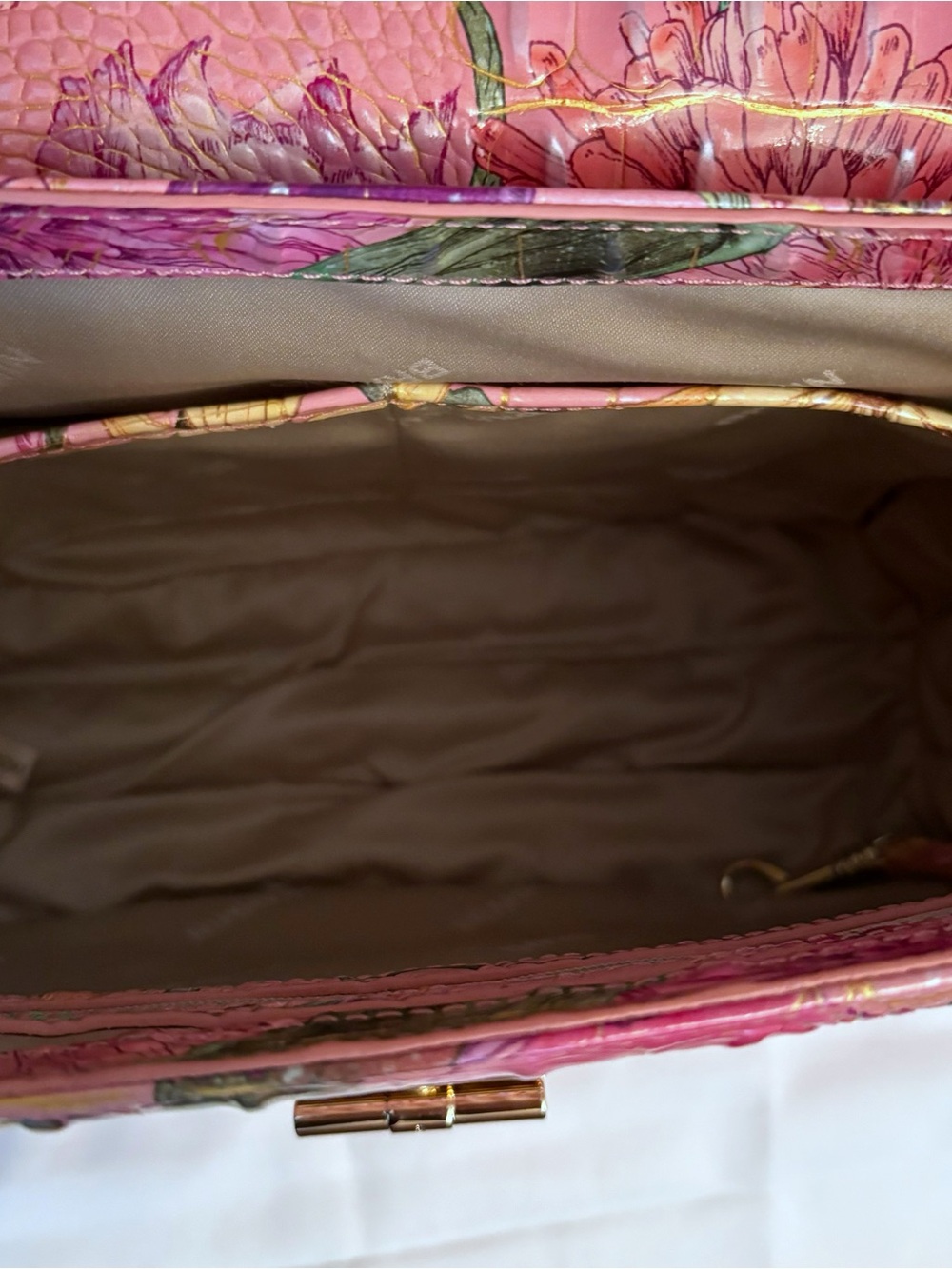 Brahmin Hallie Straw and Croc Embossed Pink Satchel with Floral Trim - Picture 4 of 9